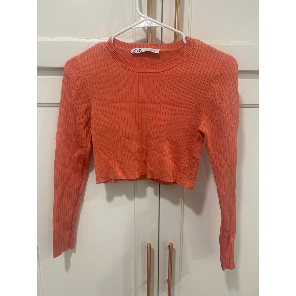 ZARA Ribbed Cropped Sweater Coral Long Sleeve Crew Neck Womens Size L boho flaw